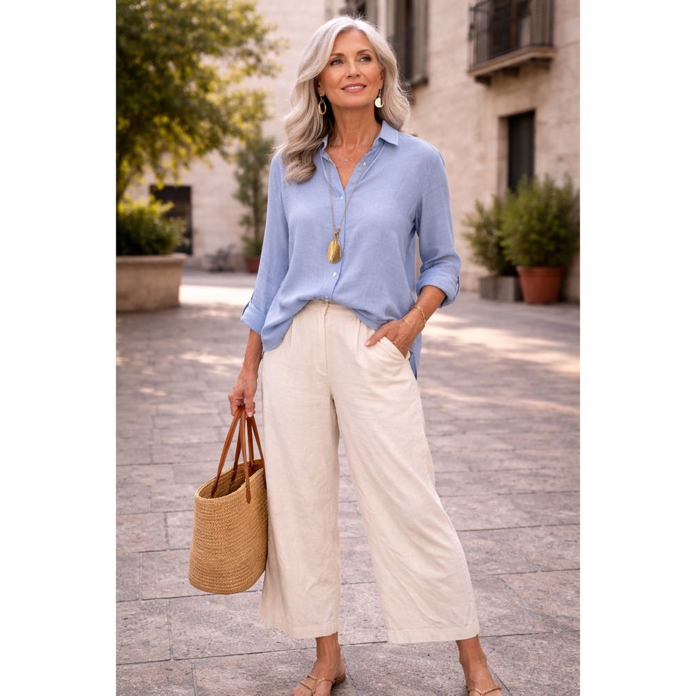 J.Jill Love Linen Cream Wide Leg Crop Pants Elastic Waist Off White Large